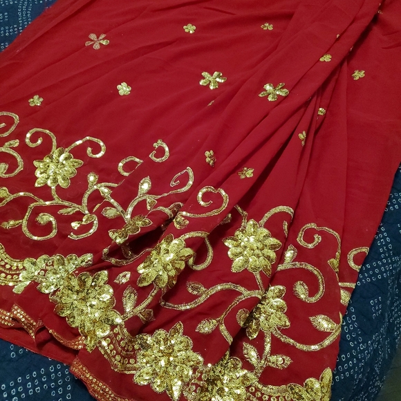 Red sequin saree sari Indian dress - Picture 2 of 5